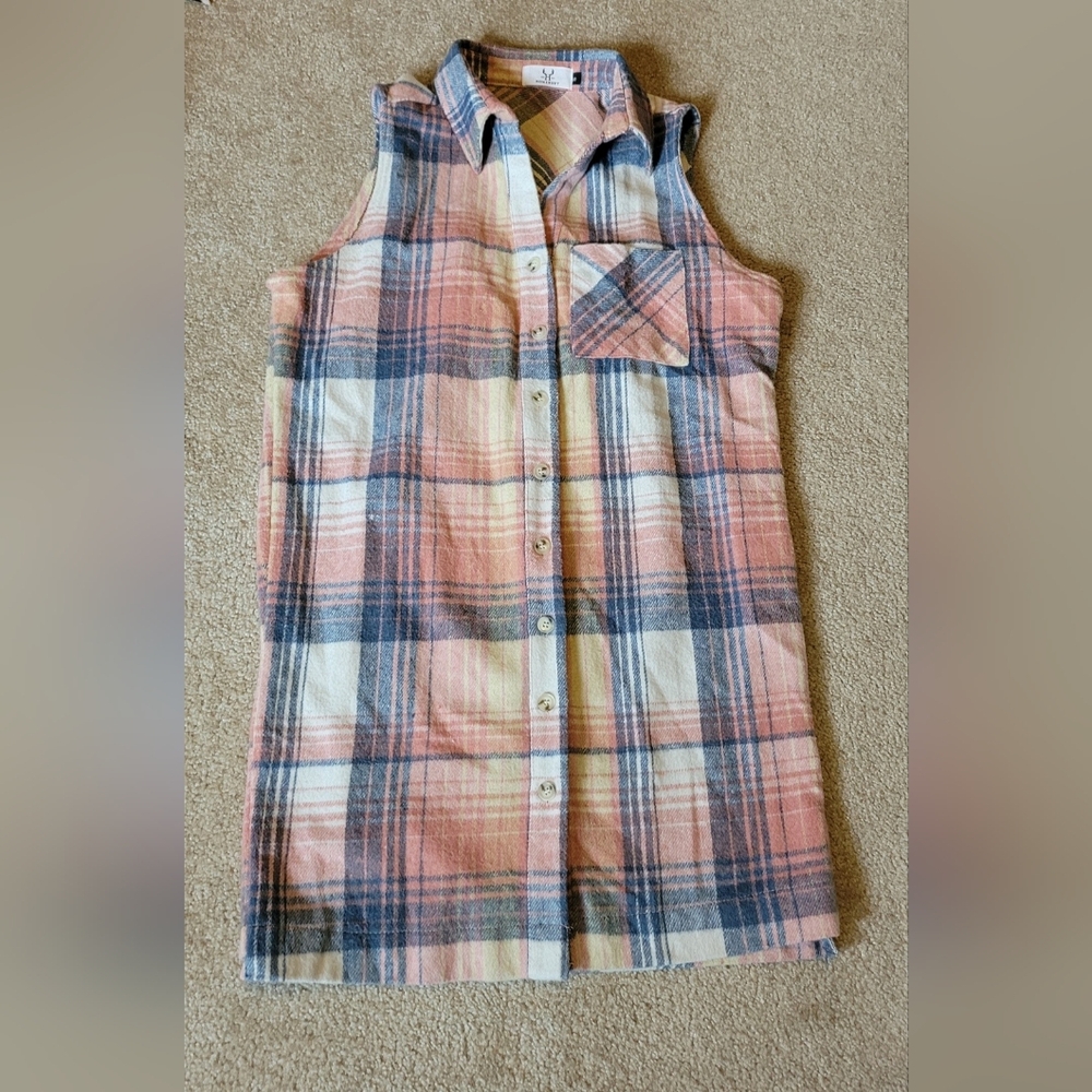 Homebody women's small flannel plaid sleeveless dress pink, white & blue